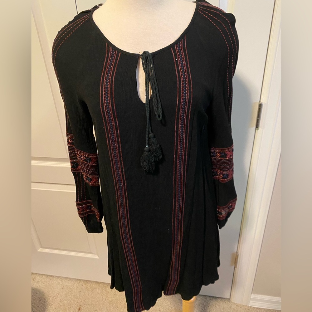 Miss Me Aztec Black Embroidered Long Sleeve Tunic Dress Boho Peasant Sz M - Picture 5 of 6